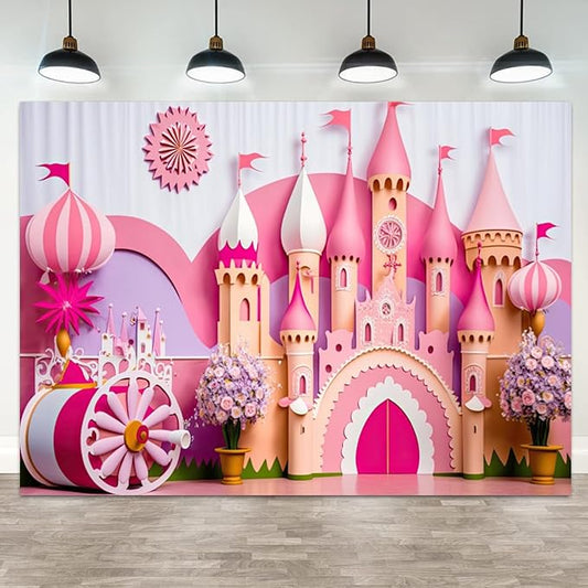 15x10ft Princess Castle Backdrop Pink Purple Floral Girl Birthday Photography Background Kids Birthdays Newborn Baby Shower Banner Decorations Wedding Party Portrait Photo Booth Prop