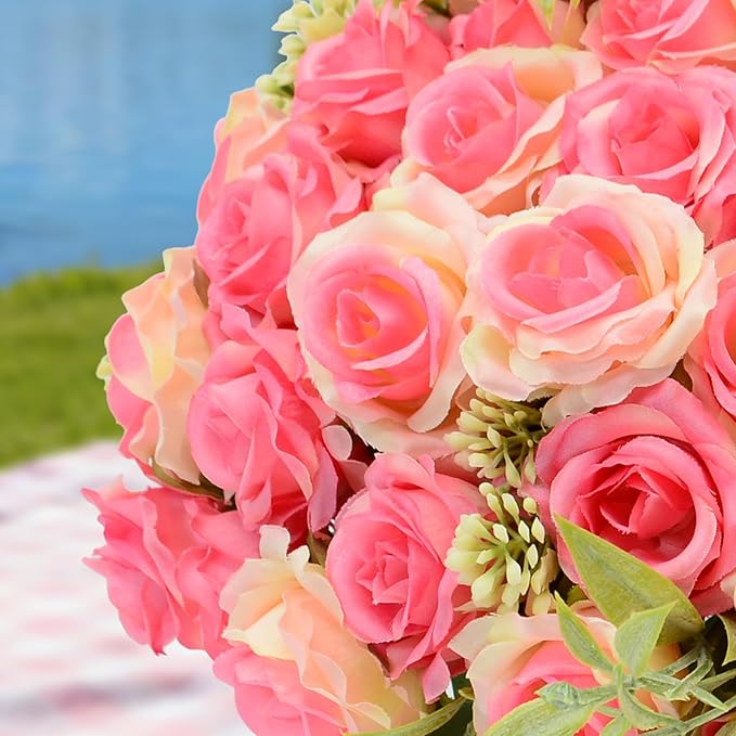 8 Pack Rose Artificial Flowers Bouquet, 10 Small Silk Rose Heads Per Pack, Fake Roses Bunches for Wedding Table Centerpieces Bridal Bouquet Mother's Day Valentine's Day Home Decor, Deep Pink