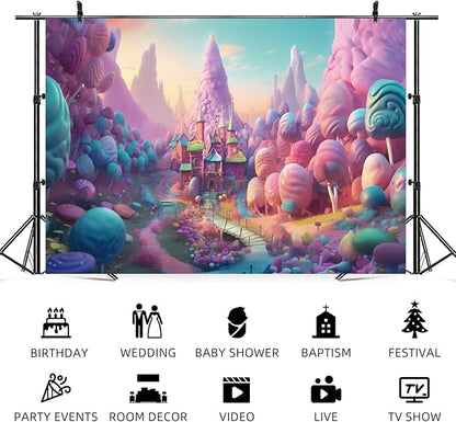 20x10ft Candyland Backdrop Fantasy Candy Castle Photography Background Sweet Lollipop Dream Blue Sky Cartoon Kids Birthday Banner Decorations Baby Shower Newborn Portrait Photo Booth Prop