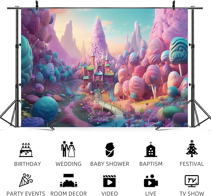 9x6ft Candyland Backdrop Fantasy Candy Castle Photography Background Sweet Lollipop Dream Blue Sky Cartoon Kids Birthday Banner Decorations Baby Shower Newborn Portrait Photo Booth Prop