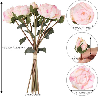 Pink Peonies Artificial Flowers 2 Bouquets Vintage Peonies 18pcs Pink Peonies with Single Long Stems Silk Flowers for Wedding Decoration Bride Bouquet Flowers Crafts Floral Arrangement (Pink)