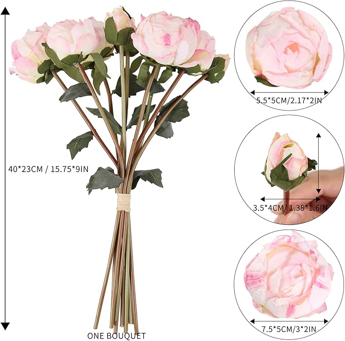 Pink Peonies Artificial Flowers 2 Bouquets Vintage Peonies 18pcs Pink Flowers Artificial for Wedding Decoration Bride Bouquet Faux Crafts Floral Arrangement
