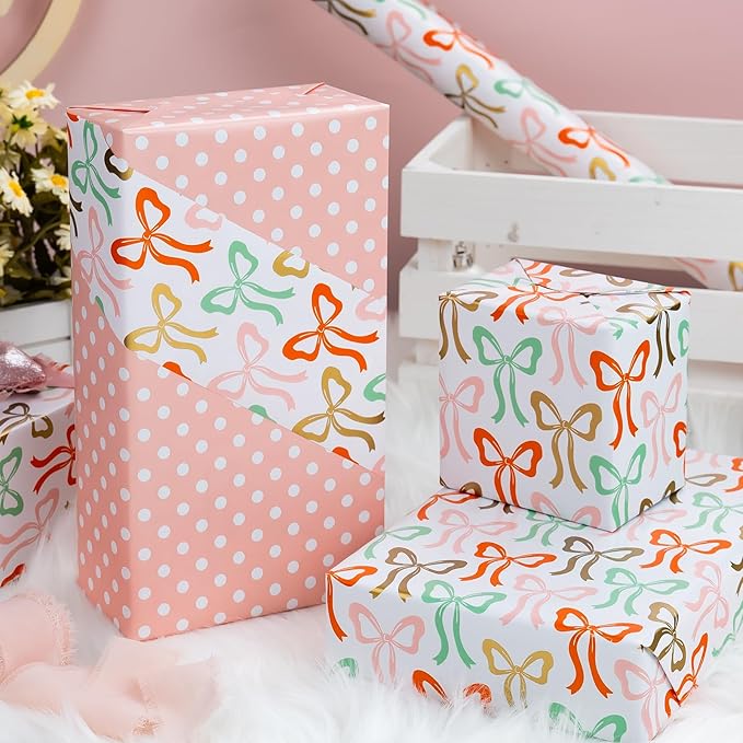 Afucus Reversible Bow Wrapping Paper, Wave point Themed Gift Wrapping Paper, Cute Mini Rolls for Girls, Women, Valentine's Day, Birthday, Mother's Day, Wedding, Baby Shower (17 Inch X 33 Feet)