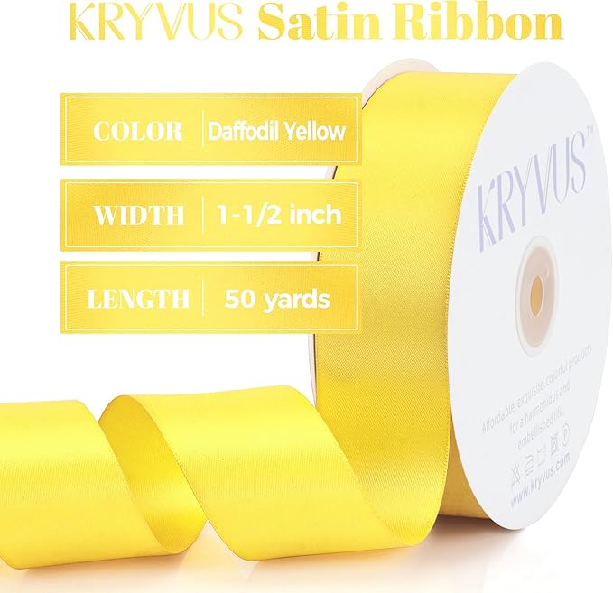 Daffodil Yellow Satin Ribbon, Double Faced 1-1/2 Inch X 50 Yards Daffodil Ribbon, Premium Satin Ribbon for Gift Wrapping, Crafts, Hair Bow Making, Sewing, Flower Bouquet, Wedding Party Decor