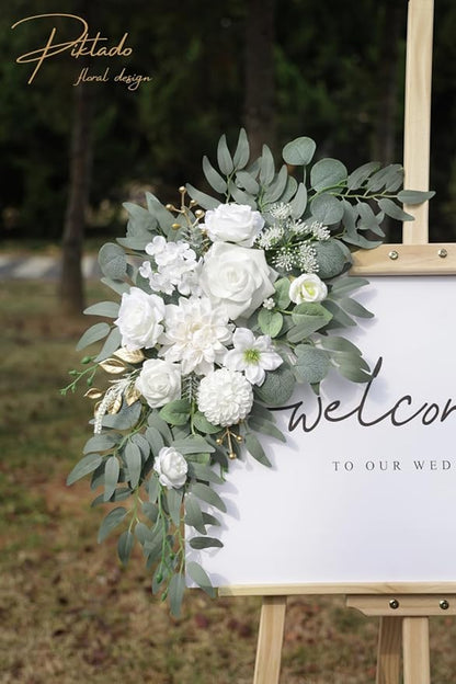 Faux Flower Swag Set of 2 for Wedding Welcome Signs Floral Swag Wedding Reception Ceremony Signs Decor (A-White)