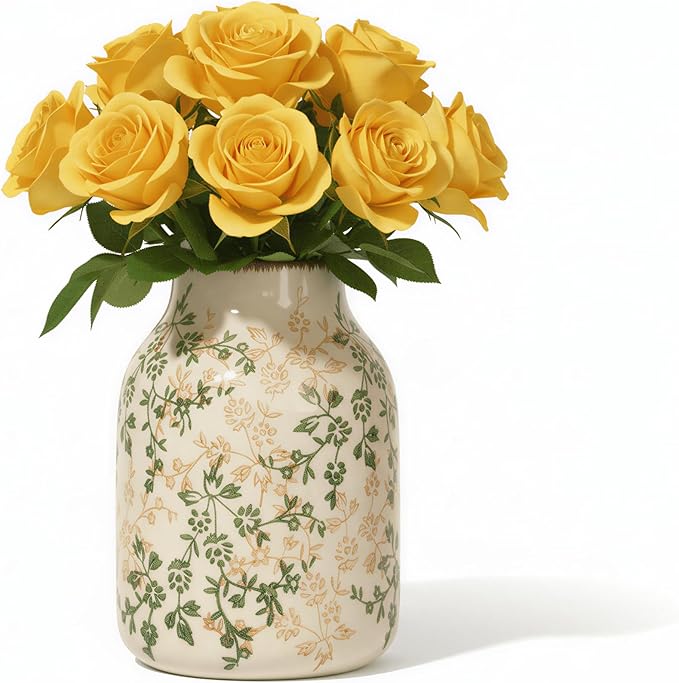 Rustic Vintage Ceramic Vase, 7.8 inch Beige and Green Decorative Vase, Aesthetic Farmhouse Pottery Vase for Home Decor, Living & Dining Room, Bookshelf, Office, TV Stand Table Decor