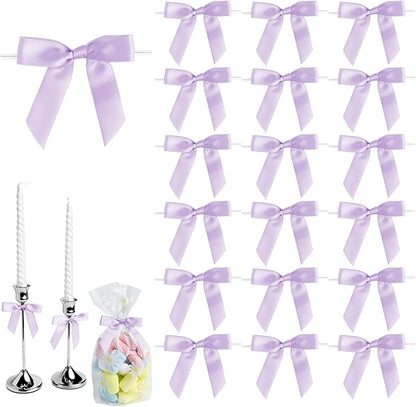 50 PCS Purple Twist Tie Bows 2.5" Satin Ribbon Bows Decor for Gift Wrapping Craft Treat Bags Cake Pop Basket, Wedding Baby Shower Birthday Party Favors