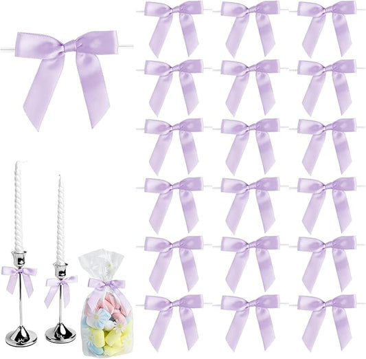50 PCS Purple Twist Tie Bows 2.5" Satin Ribbon Bows Decor for Gift Wrapping Craft Treat Bags Cake Pop Basket, Wedding Baby Shower Birthday Party Favors