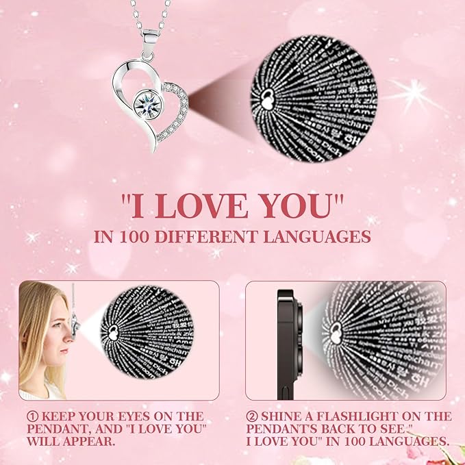 Preserved Real Roses with Heart Necklace I Love You in 100 Languages, Romantic Anniversary Christmas Gifts for Wife Girlfriend, Forever Roses Necklace Gifts