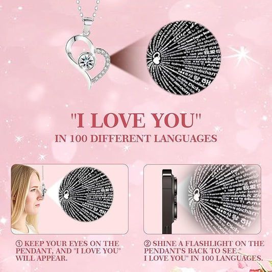 Preserved Real Roses with Heart Necklace I Love You in 100 Languages, Romantic Anniversary Christmas Gifts for Wife Girlfriend, Forever Roses Necklace Gifts
