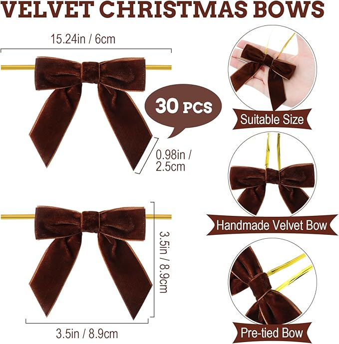 30 Pcs Velvet Ribbon Bows 3.5" x 3.5" Pre Tied Christmas Velvet Bows with Twist Tie for Gift Packaging Christmas Tree Wreaths Door Windows Wedding Party Decoration(Brown)
