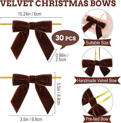 30 Pcs Velvet Ribbon Bows 3.5" x 3.5" Pre Tied Christmas Velvet Bows with Twist Tie for Gift Packaging Christmas Tree Wreaths Door Windows Wedding Party Decoration(Brown)