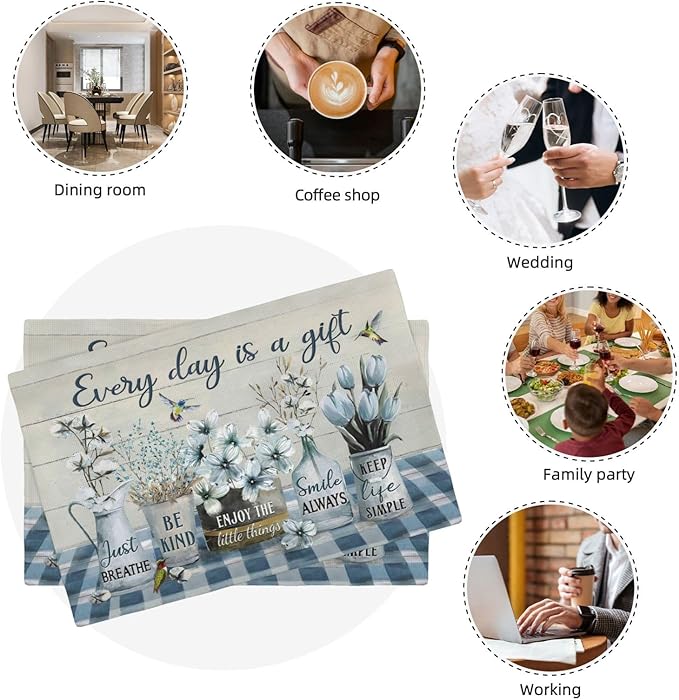Farmhouse Spring Flower Placemats Set of 6 Every Day is A Gift Rustic Floral Double-Sided Table Mats for Dining Room Home Party Indoor 6 PCS 12x18 Inch