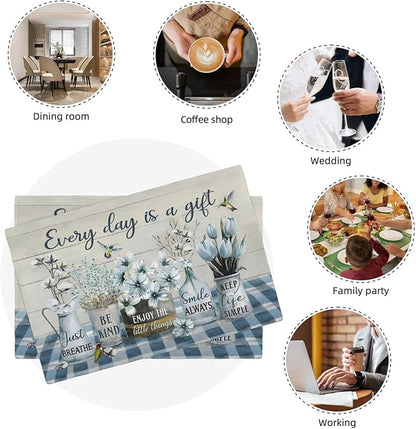Farmhouse Spring Flower Placemats Set of 4 Every Day is A Gift Rustic Floral Double-Sided Table Mats for Dining Room Home Party Indoor 4 PCS 12x18 Inch