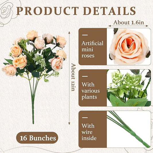 Zeyune 16 Bunches 12 Inch Artificial Mini Rose Bouquet 160 Heads Bridal Flower Bouquets Fake Silk Rose Bulk for Wedding Bridal Shower Christmas Home Office Garden Decoration(Champagne)