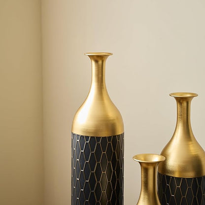 Metal Floor Vases Decorative Tall, Set of 3 Flower Arrangement Stand, Gold＆Black Metal Floor Vases for Living Room Corner, Entryway & Bedroom, 34", 30", 24.8" H (Gold＆Black)