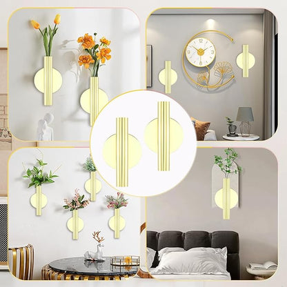 2 Pack Gold Circular Wall Vases for Flowers, Metal Hanging Wall Planters for Modern Home Decor, Hanging Flower Vase Holder for Faux & Dried Flowers, Wall Planters for Living Room & Bedroom Decor