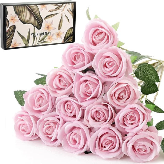 15Pcs Pearl Pink Roses Artificial Flowers Fake Roses Long Stem Velet Rose Silk Flowers for Home Wedding Decoration (Pearl Roses,Pink)