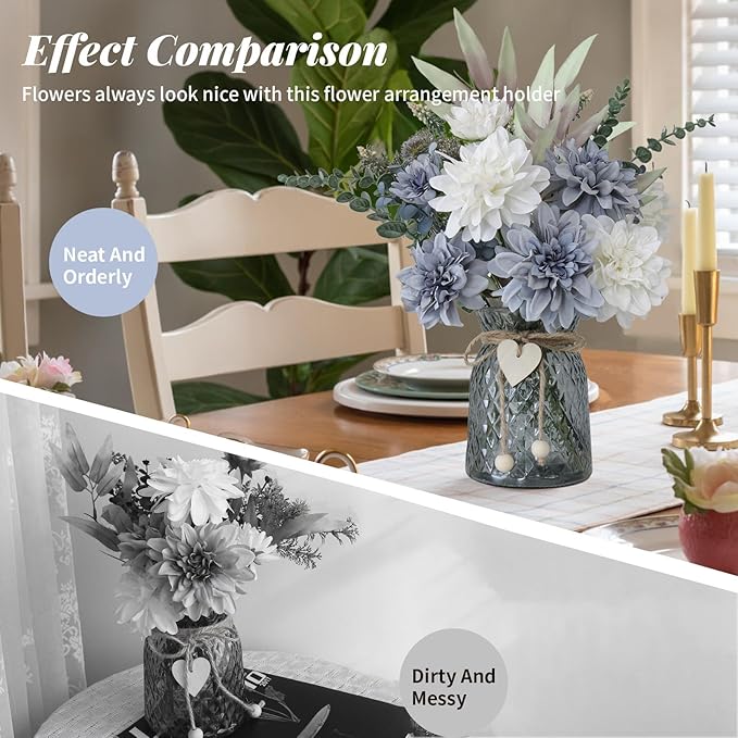 Fake Flowers in Vase,8 Dahlias,Silk Artificial Flowers in Vase,Centerpiece Table Decorations,Faux Flowers in Vase with a Flower Arrangement Holder