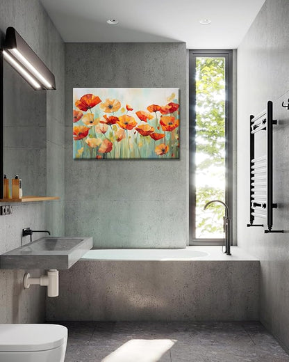 GLOKAKA Vibrant Poppies Wall Art Floral Red and Orange Watercolor Poppy Flower Painting Print Canvas Artwork For Living Room Bathroom Dinning Room Decor (Vibrant Poppies, 30"x20")