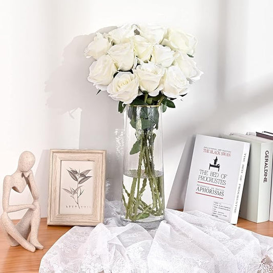 Waipfaru 8 Pcs Fake White Roses Artificial Flowers Bulk, Real Touch Silk Faux Roses with Long Stems for Wedding Bouquet Vase Flower Arrangement Table Centerpieces Home Decor (White)