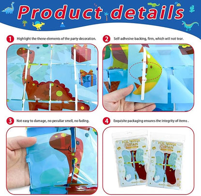 Dinosaur Birthday Party Decorations 2 Pack Dinosaur Foil Fringe Curtains 3.28 x 6.56Ft Tinsel Curtain Backdrop Blue Photo Booth Backdrop Dino Theme Birthday Party Supplies for Kids Boys Girls