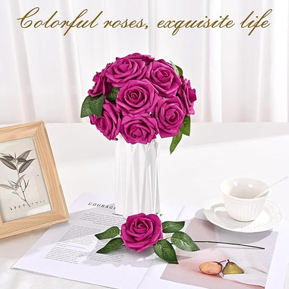 BLEUM CADE 16Pcs Artificial Flowers Fake Roses with Stems, Rose Red Boxed Foam Roses for DIY Bouquets Centerpieces Wedding Party Arrangement Bridal Shower Decor