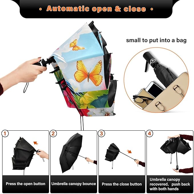 Automatic Folding Umbrella Windproof Strong, UV Protection Compact Floral Hydrangea Hummingbird Sun Rain Sun Rain Travel Umbrellas for Women Men