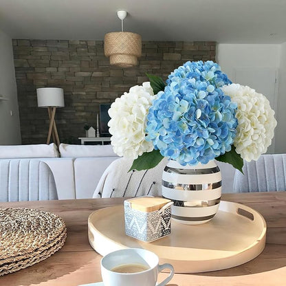 Silk Flowers Hydrangea Artificial Flowers, 4Pcs 22Inch Large Lifelike Faux Flowers, Full Fake Artificial Hydrangeas with Stems for Bouquet Table Centerpieces Home Decoration (White/Blue)