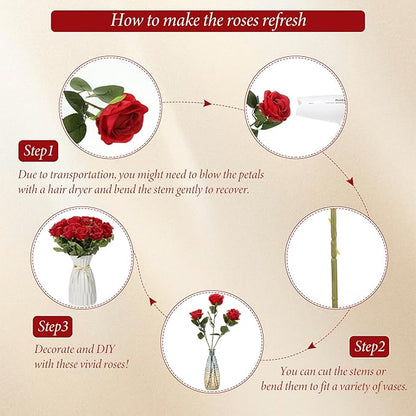 Hotop 20 Pcs Artificial Rose Flowers with Long Stem,Real Touch Silk Realistic Plastic Bouquet Roses Bulk for Home Decor Bridal Wedding Party Table Centerpieces Decorations(Red)