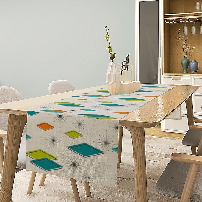 Mid Century Table Runner, Modern Atomic Pattern Absctract Geometric Retro Dinner Runner for Home Kitchen Dining Table Decoration, 13x120 Inch
