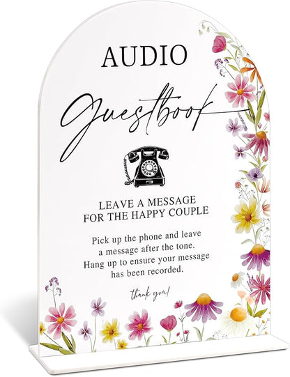 Audio Guest Book Sign for Wedding Table Decor, Wild Flower Arch Acrylic Wedding Signs for Reception, Floral Bridal Shower Engagement Party Decorations for Baby In Bloom Baby Shower