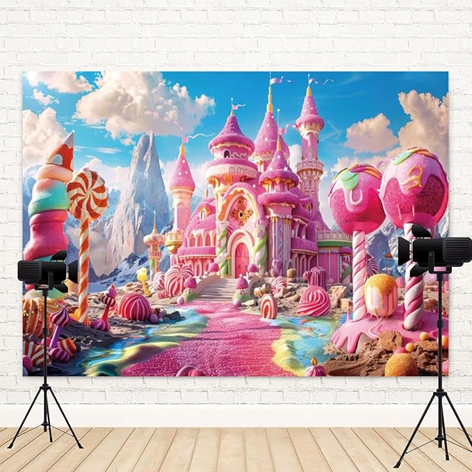 8x4ft Pink Fantasy Castle Backdrop Candy Land Sweet Candy House Photography Background Baby Shower Sweet Girl Princess Birthday Banner Decorations Kids Artistic Portrait Photo Booth Prop