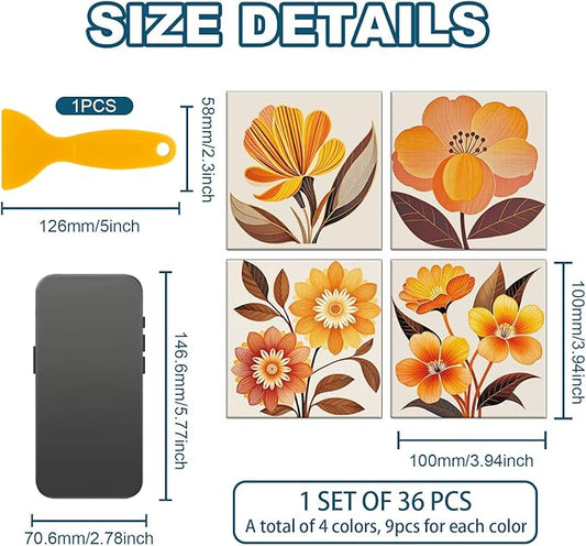 CHGCRAFT 36 Pcs 4 Style Wall Stickers Orange Flowers Peel and Stick Wall Tile Sticker Art Flowers Waterproof Self Adhesive Stick on Tile Decals for Kitchen Bathroom Art Decor, 4×4 Inch