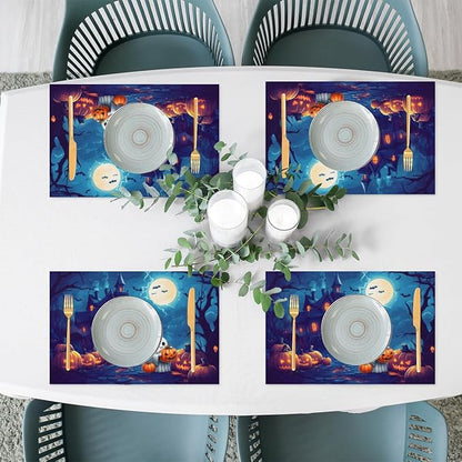 Halloween Cute Ghosts Pumpkin Placemats Set of 6 PVC Vinyl Non Slip Table Mats Heat Resistant Place Mats Washable Wipeable Dining Table Mat for Kitchen Decor Party Indoor Outdoor Decorative Gift