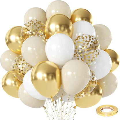 White and Gold Confetti Balloons, 50pcs 12 Inch Metallic Champagne Gold Latex Balloons Matte Sand Beige White Latex Balloons for Birthday Graduation Wedding Gender Revea Party Decorations