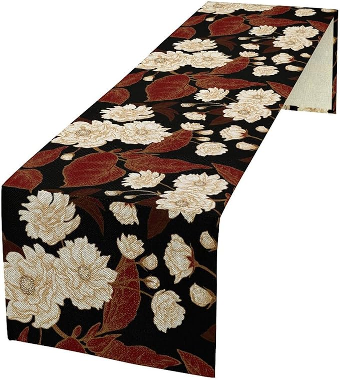 Red Gold Floral Table Runner, Boho Dark Flower Leaves Chinese Plum Blossoms Botanical Vintage White Gold Art Print Table Runner for Spring Holiday Decor, 13x90inch