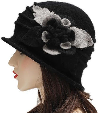 ZLYC Women Wool Cloche Bucket Hat 1920s Vintage Dress Winter Hats with Flower Accent