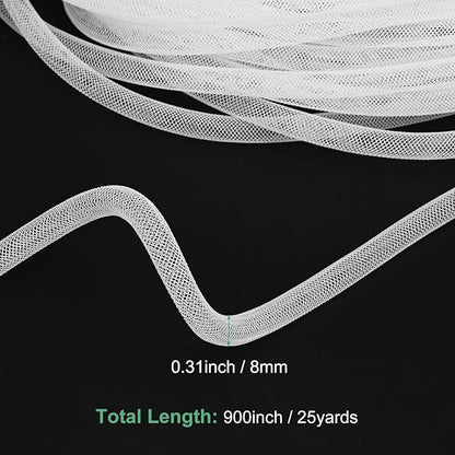 Mesh Tube Ribbon 25 Yards, 8mm Elastic Fabric Ribbons Mesh Tubing for Crafts/Gift Wrapping/Flower Bouquets/Wedding/Birthday/Holiday/Wreaths Christmas/Decoration[White]