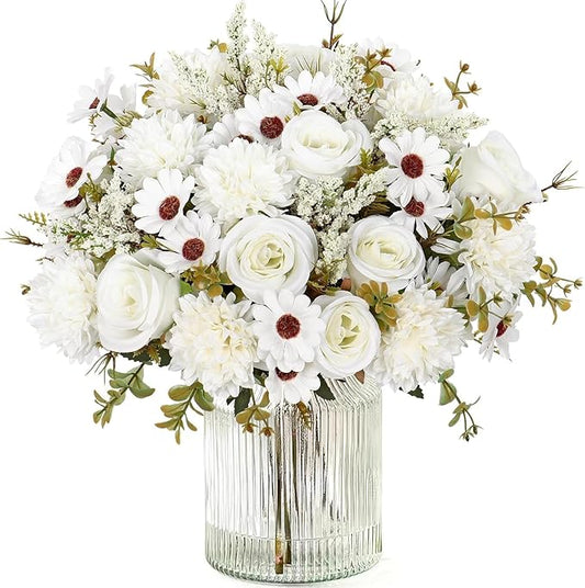 Dremisland Artificial Flowers Like Real Artificial Bouquet 4 Packs Silk Artificial Roses Bouquet with Daisy Chrysanthemum White Flowers for Centerpiece Table Wedding Party Home Decor