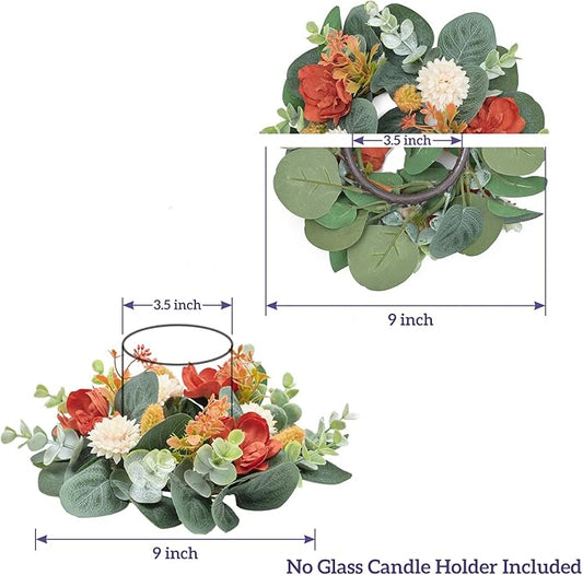2 Pcs Mini Fall Orange Floral Candle Rings Wreaths for Pillars Home Table Window Decor, 9 Inches Artificial Flower Cabinet Wreath for Autumn Kitchen Farmhouse Wedding Party (Orange Delphinium)