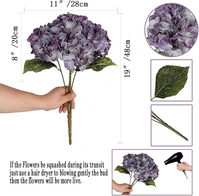 2Bouquets Artificial Fake Flowers Plants Silk Hydrangea Arrangements Wedding Bouquets Decorations Plastic Floral Home Kitchen Garden Party Festival Bar DIY (Grey Purple)