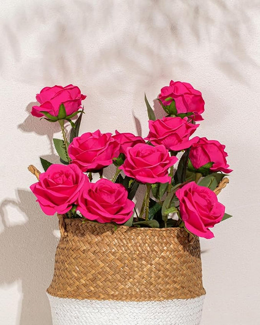 DuHouse 10pcs Silk Roses Artificial Flowers Fake Rose for Arrangement Wedding Party Home Decoration(Fuchsia)