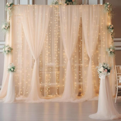 30ft x 10ft Champagne Tulle Backdrop Curtain with Lights String for Parties, Sheer Wedding Photo Backdrops Drapes for Baby Shower Birthday Party Decorations Background for Photography