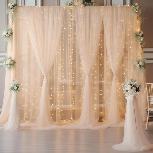 30ft x 10ft Champagne Tulle Backdrop Curtain with Lights String for Parties, Sheer Wedding Photo Backdrops Drapes for Baby Shower Birthday Party Decorations Background for Photography