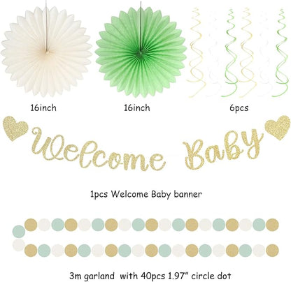 Sage-Green Champagne-Beige Baby Shower Party-Decorations - 21pcs Girls Boy Welcome Baby Banner,Paper Lanterns Pom Poms,Safari Woodland Boho Neutral Streamers Garland Decor Favors Huglony