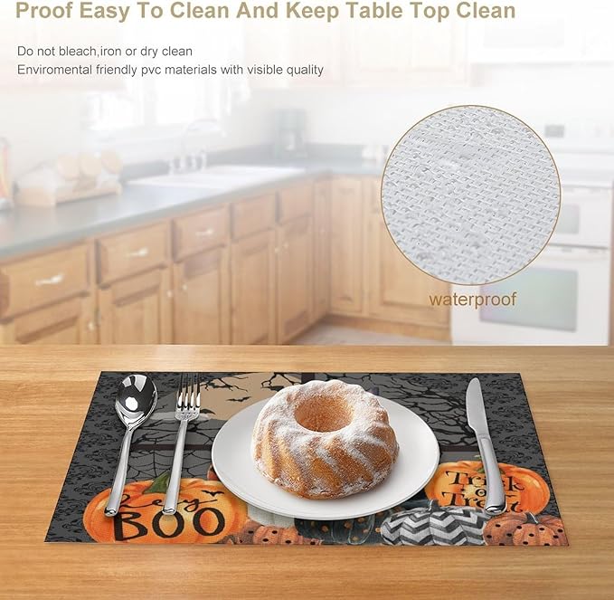 Boo Black Cat Pumpkins Halloween Placemats Gothic Dark Damask Bat Spider Web Dark Forest Funny Pumpkin Placemats Table Kitchen Dining Party 12x18 Inch Set of 6