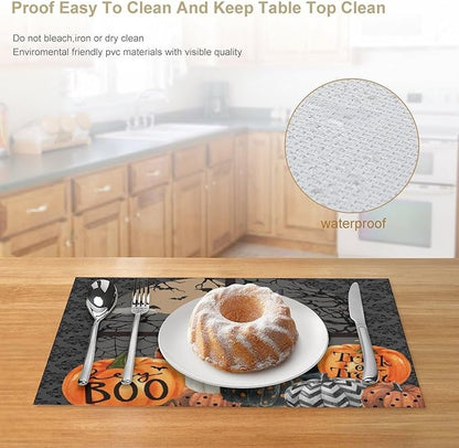 Boo Black Cat Pumpkins Halloween Placemats Gothic Dark Damask Bat Spider Web Dark Forest Funny Pumpkin Placemats Table Kitchen Dining Party 12x18 Inch Set of 4
