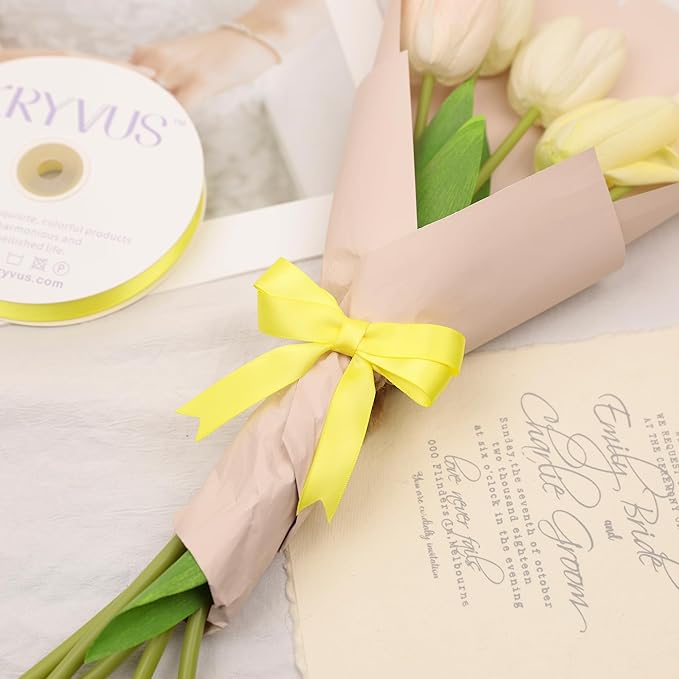 Lemon Yellow Satin Ribbon, Double Faced 5/8 Inch X 25 Yards Lemon Yellow Ribbon, Premium Satin Ribbon for Gift Wrapping, Crafts, Hair Bow Making, Sewing, Flower Bouquet, Wedding Party Decor