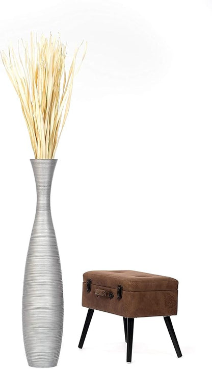 Leewadee Large Silver Home Decor Floor Vase - Wooden 41 inch Tall Farmhouse Decor Flower Holder for Fake Plant and Pampas Grass